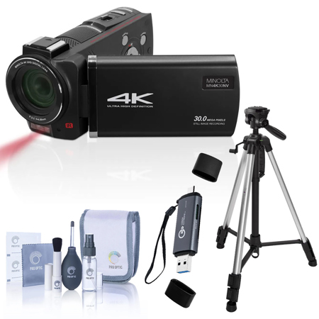 Minolta MN4K30NV 4K Ultra HD 30MP 3" Touchscreen Night Vision Camcorder, Black, Bundle with Aluminum 3-Section Tripod, USB 3.0 OTG Card Reader and Cleaning Kit