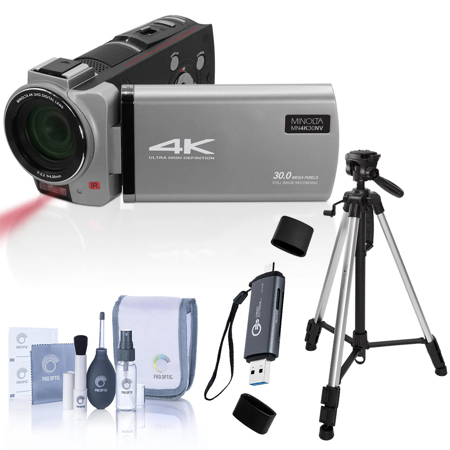 Minolta MN4K30NV 4K Ultra HD 30MP 3" Touchscreen Night Vision Camcorder, Gunmetal, Bundle with Aluminum 3-Section Tripod, USB 3.0 OTG Card Reader and Cleaning Kit