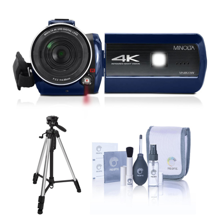 Minolta MN4K40NV 30MP 4K Ultra HD 3" Touchscreen Night Vision Camcorder, Blue, Bundle with Aluminum 3-Section Tripod and Cleaning Kit