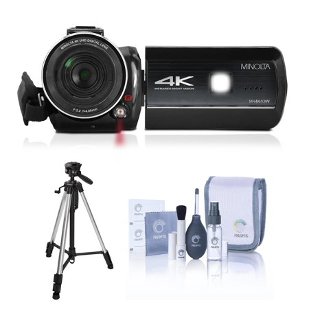 Minolta MN4K40NV 30MP 4K Ultra HD 3" Touchscreen Night Vision Camcorder, Black, Bundle with Aluminum 3-Section Tripod and Cleaning Kit