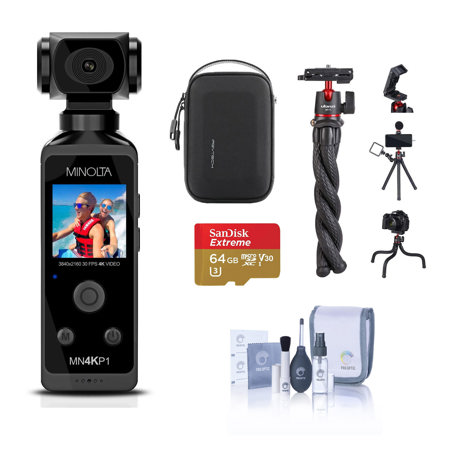 Minolta MN4KP1 4K Ultra HD Wi-Fi Enabled Pocket Camcorder, Black Bundle with 64GB microSD Card, Carrying Case, Octopus Tripod, Cleaning Kit