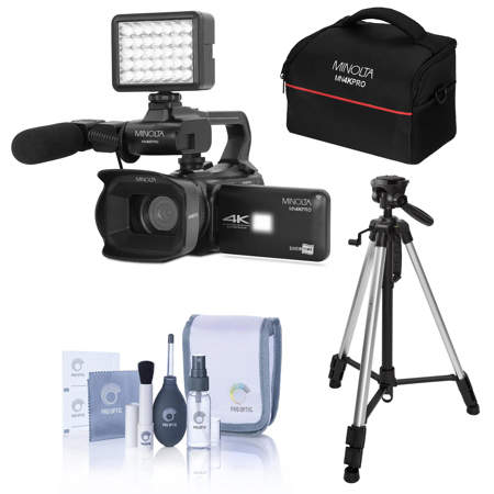 Minolta MN4KPRO 64MP 4K Ultra HD Autofocus Pro Camcorder Kit, Bundle with 3-Section Aluminum Tripod and Cleaning Kit
