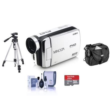 Minolta MN50HD 1080p Full HD 20MP Digital Camcorder, White With Accessory Bundle