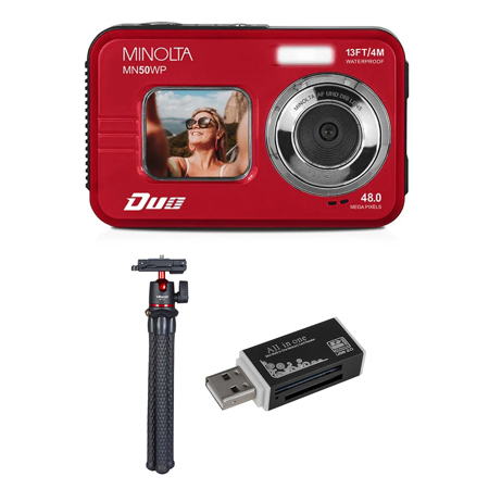 Minolta MN50WP 48MP 5K Ultra HD Dual LCD Screen Waterproof Digital Camera, Red, Bundle with MT-11 Tripod and USB Card Reader