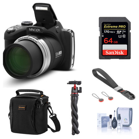 Minolta MN53Z 16MP FHD Digital Camera with 53x Optical Zoom, Wi-Fi, Black Bundle with Shoulder Bag, 64GB SD Card, Wrist Strap, Octopus Tripod, Cleaning Kit
