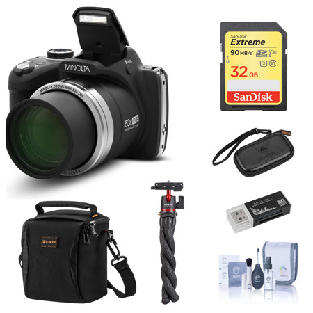 Minolta MN53Z 16MP FHD Digital Camera with 53x Optical Zoom, Wi-Fi, Black Bundle with Shoulder Bag, Octopus Tripod, 32GB SD Card, Reader, Card Case, Cleaning Kit
