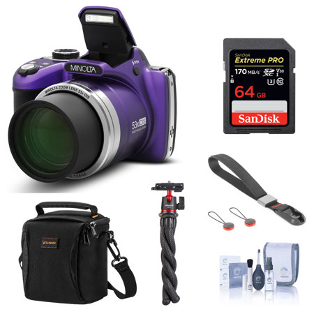 Minolta MN53Z 16MP FHD Digital Camera with 53x Optical Zoom, Wi-Fi, Purple Bundle with Shoulder Bag, 64GB SD Card, Wrist Strap, Octopus Tripod, Cleaning Kit