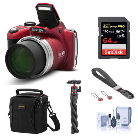 Minolta MN53Z 16MP FHD Digital Camera, 53x Zoom, Red with Essentials Kit