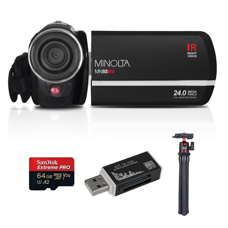 Minolta MN88NV Full HD 24MP 3" Touchscreen Night Vision Camcorder, Black, Bundle with 64GB Memory Card, MT-11 Tripod and USB Card Reader