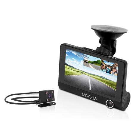 Minolta MNCD410T Full HD Front and Rear View 4" LCD Screen Dash Camera with 3-Channel Recording, Black