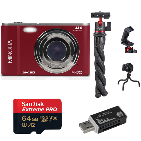 Minolta MND20 44MP 2.7K Quad HD Digital Camera, Red, Bundle with 64GB Memory Card, Octopus Tripod, USB 2.0 Card Reader