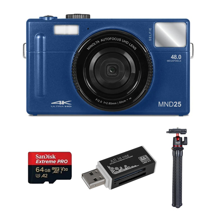Minolta MND25 48MP 4K Ultra HD Wi-Fi 3.0" LCD Screen Digital Camera, Blue, Bundle with 64GB Memory Card, MT-11 Tripod and USB Card Reader