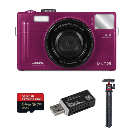 Minolta MND25 48MP 4K Ultra HD Wi-Fi 3.0" LCD Screen Digital Camera, Magenta, Bundle with 64GB Memory Card, MT-11 Tripod and USB Card Reader