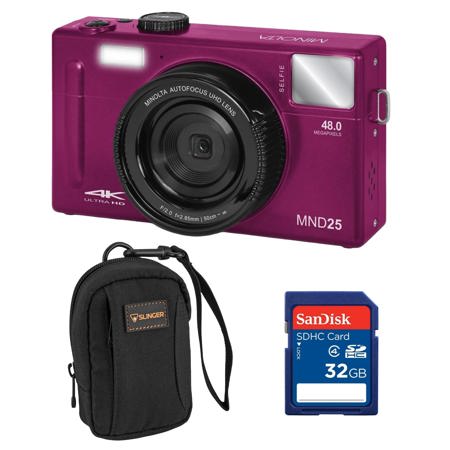 Minolta MND25 Digital Camera, 48 MP Autofocus, 4K Ultra HD Camera with Selfie Mirror & 32GB SD Card, Magenta Bundle with Slinger Camera Bag