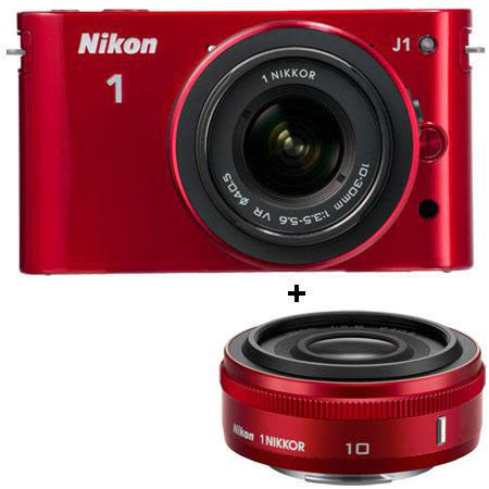 Nikon 1 J1 Mirrorless Digital Camera Two-Lens Wide Angle Kit 10mm & 10-30VR RED