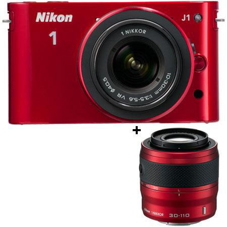 Nikon 1 J1 Mirrorless Digital Camera Two Lens Zoom Kit w/10-30VR & 30-110VR -Red