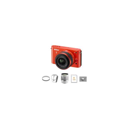 Nikon 1 J2 camera w/10-30mm Lens, Orange, Bundle w/10-100mm White Lens & MORE