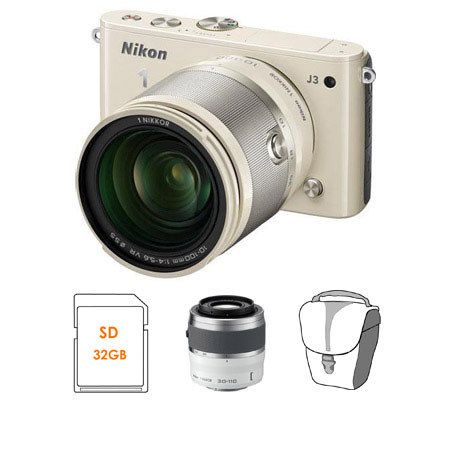 Nikon 1 J3 Camera w/10-100mm Lens, Beige, Bundle w/30-110mm White Lens & MORE