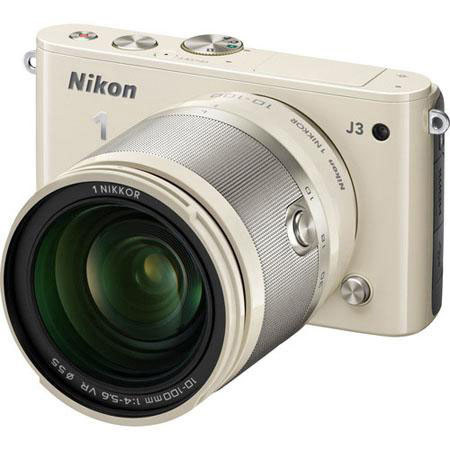 Nikon 1 J3 Camera w/10-100mm Lens, Beige, Bundle w/30-110mm White Lens & MORE