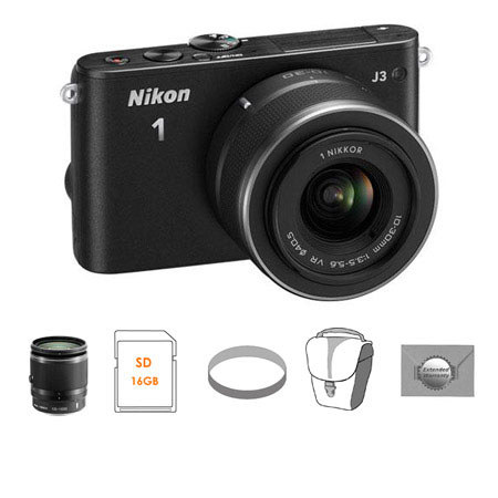 Nikon 1 J3 Camera w/10-30mm Lens, Black, Bundle w/10-100mm Black Lens & MORE