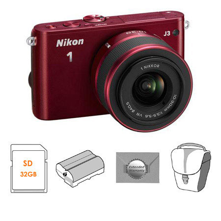 Nikon 1 J3 Mirrorless Digital Camera with 10-30mm VR Lens, Red, w/Accessories
