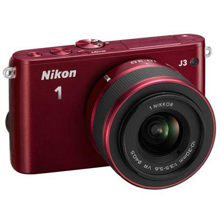 Nikon 1 J3 Camera with 10-30mm VR Lens, Red, Bundle w/10mm Black Lens & MORE