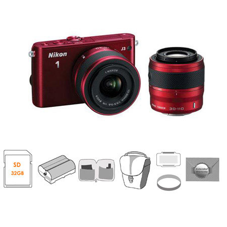 Nikon 1 J3 Camera 2 Lens Kit w/10-30mm & 30-110mm VR Lens, Red, w/Accessories