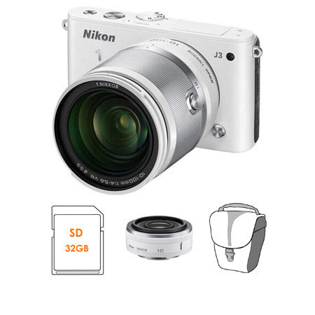Nikon 1 J3 Camera w/10-100mm Lens, White, Bundle w/10mm White Lens & MORE