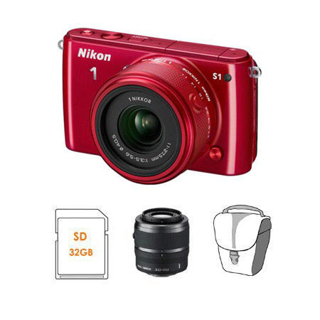 Nikon 1 S1 Camera w/11-27.5mm Lens, Red, Bundle w/30-110mm Black Lens & MORE