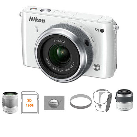 Nikon 1 S1 Camera w/11-27.5mm Lens, White, Bundle w/10-100mm White Lens & MORE