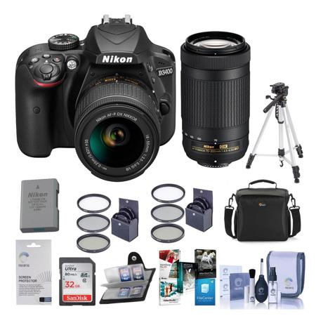Nikon D3400 DSLR with 18-55mm DX VR & 70-300mm ED Lenses and Premium Kit, Black
