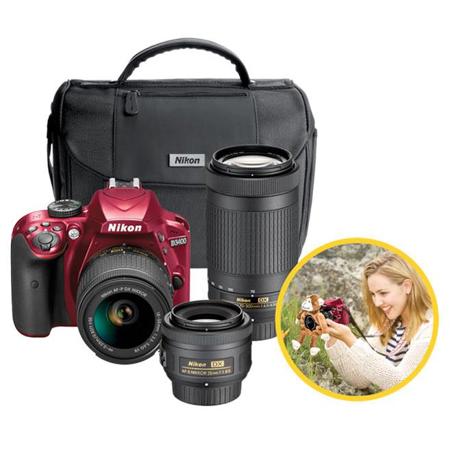 Nikon D3400 DSLR with 35/1.8, 18-55mm DX VR and 70-300mm ED Lenses, Red