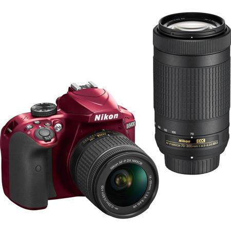 Nikon D3400 DSLR with AF-P DX NIKKOR 18-55mm VR and AF-P DX  NIKKOR 70-300mm ED Lenses, Red