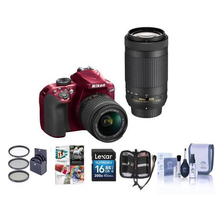 Nikon D3400 DSLR with 18-55mm and 70-300mm Lenses and Free Accessories, Red