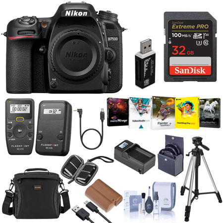 Nikon D7500 DX-format DSLR Camera, Black, Bundle with 32GB Memory Card, Battery, Transmitter, Receiver, PC Software Kit, Tripod