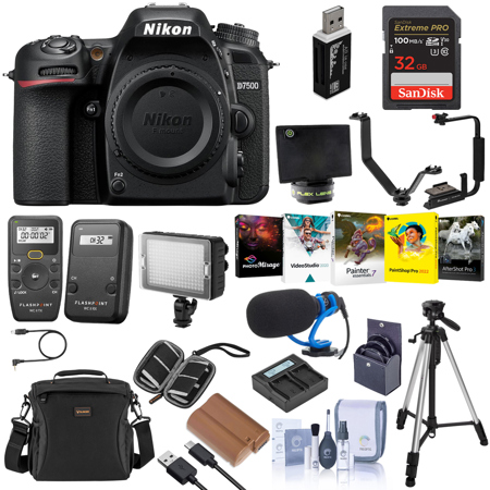 Nikon D7500 DX-format DSLR Camera, Black, Bundle with 64GB Memory Card, Battery, Transmitter, Receiver, On-Camera LED Light, PC Software Kit, Tripod, Microphone