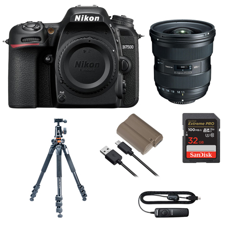Nikon D7500 DSLR Body Black W/Tokina 11-16mm f/2.8 F Lens W/Tripod/Accessory Kit