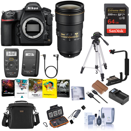 Nikon D850 DSLR Camera with AF-S NIKKOR 24-70mm f/2.8E ED VR Lens, Bundle with 64GB Memory Card, Memory Card Wallet, EN-EL15c Battery, Transmitter and Receiver, Tripod, PC Software Kit, Dual Smart Charger, Card Reader