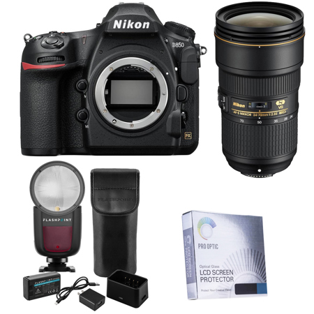 Nikon D850 DSLR Camera, Bundle with 24-70mm f/2.8E ED AF-S NIKKOR VR Lens, Zoom Li-on X R2 TTL On-Camera Flash