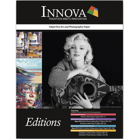 Innova Art Editions Fine Art 8.5x11" Sample Paper Pack, Includes 2x Photo Cotton Rag Paper, 2x Fabriano Printmaking Rag Paper, 2x Etching Cotton Rag Paper, 2x Fabriano Artistico Watercolor Rag Paper, 2x Exhibition Cotton Gloss Paper, 2x Exhibition Photo Baryta Paper