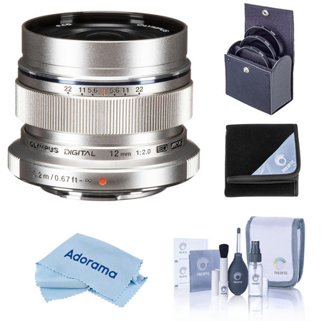 Olympus M.Zuiko Digital ED 12mm f/2 Lens for MFT, Silver, with Included Value
