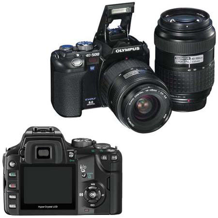 Olympus EVOLT-500 Digital SLR Camera, 8 Megapixel, with 14-45mm f/3.5-5.6 EZ, and 40-150mm f/3.5-4.5 EZ Digital Zoom Lenses