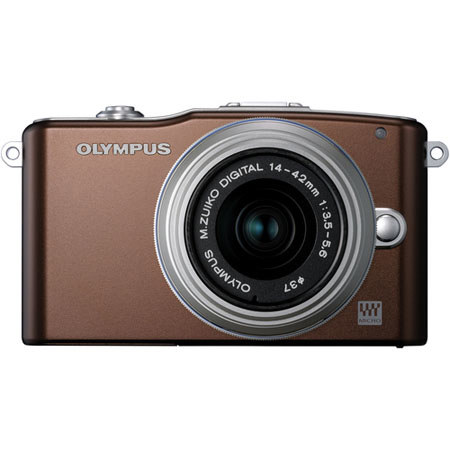 Olympus E-PM1 Digital Camera, Brown with 14-42mm R II Silver lens