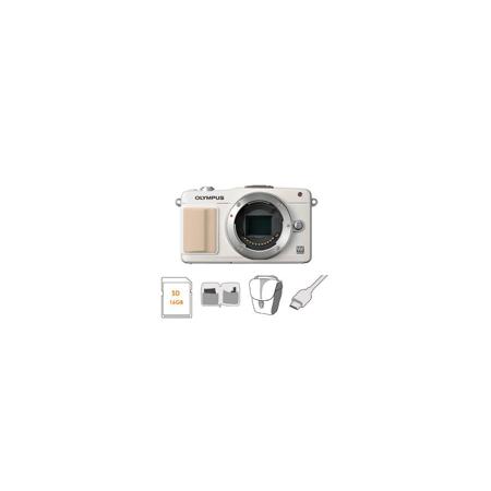 Olympus E-PM2 Camera Body, White, Bundle w/16GB Card, Carry Case, Cleaning