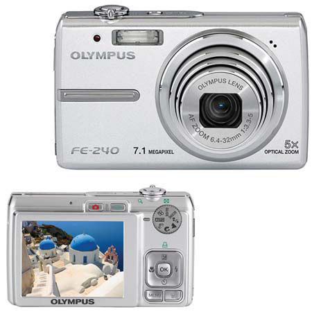 Olympus FE-240 Point and Shoot Digital Camera, 7.1 Megapixel, 5x Optical Zoom, 2.5" LCD Screen, Digital Image Stabilization - Silver Finish