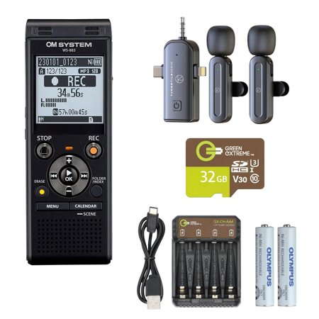 OM SYSTEM WS-883 8GB Digital Stereo Voice Recorder with USB Charging, Black