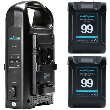 IndiPRO 2x Micro Alpha V-Mount Li-Ion Batteries, Battery Charger Kit, Black