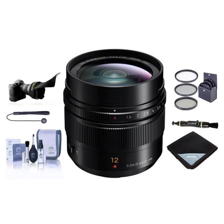 Panasonic LUMIX G Leica DG Summilux 12mm f/1.4 Aspherical Lens for Micro Four Thirds, Black, Bundle with Flex Lens Shade, 62mm Filter Kit, Cleaning Kit, Lens Wrap,  Lens Cleaner, Lens Cap Tether