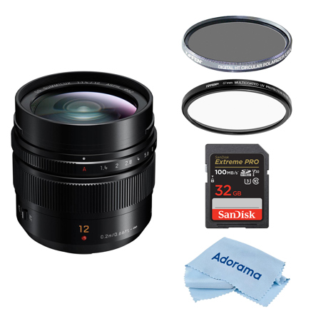Panasonic Leica DG Summilux 12mm f/1.4 Lens, MFT, Black, w/62mm UV & CPL Filters