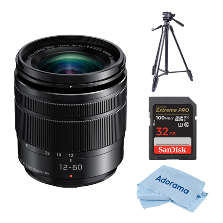 Panasonic LUMIX G Vario 12-60mm f/3.5-5.6 Aspherical Lens for Micro Four Thirds, Black, Bundle with Slik U8800L 3-Section Aluminum Tripod with Hybrid 3-Way Pan Head, 32GB U3 SDHC Card, Cleaning Cloth